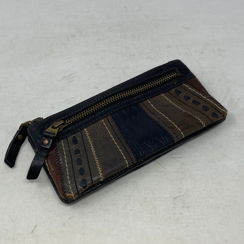 Fossil Patchwork Leather Bifold Wallet Black Brown Navy Contrast Stitch Boho